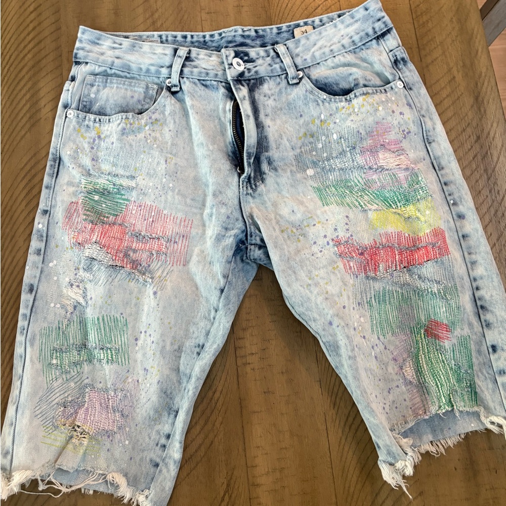 Mens retro Jean shorts Y2K size 34 rainbow stitching pride vintage by smoke rose